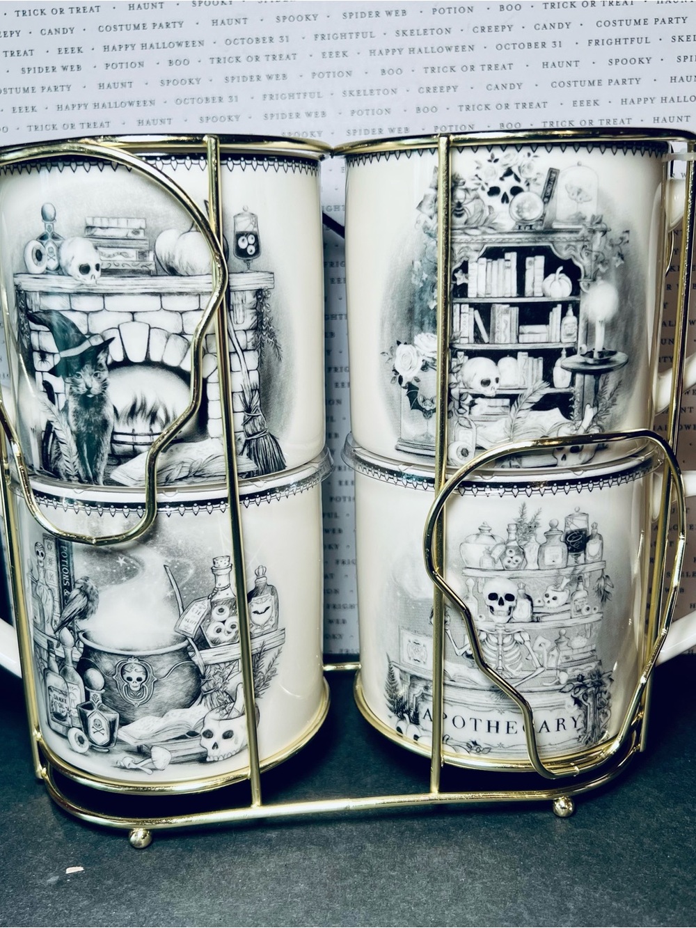 4 Halloween Ceramic Mugs in Gold Skull Wire Rack Witch Cat Apothecary Bookcase